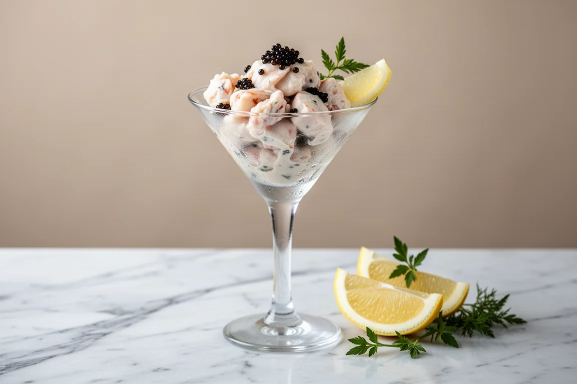 Hummer-Cocktail in einem Martiniglas mit geräuchertem Kaviar