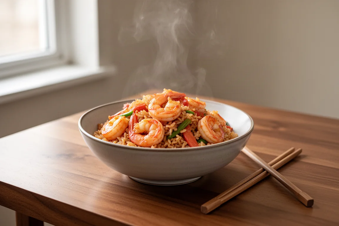 Steaming bowl of prawn rice on a wooden table in a home kitchen
