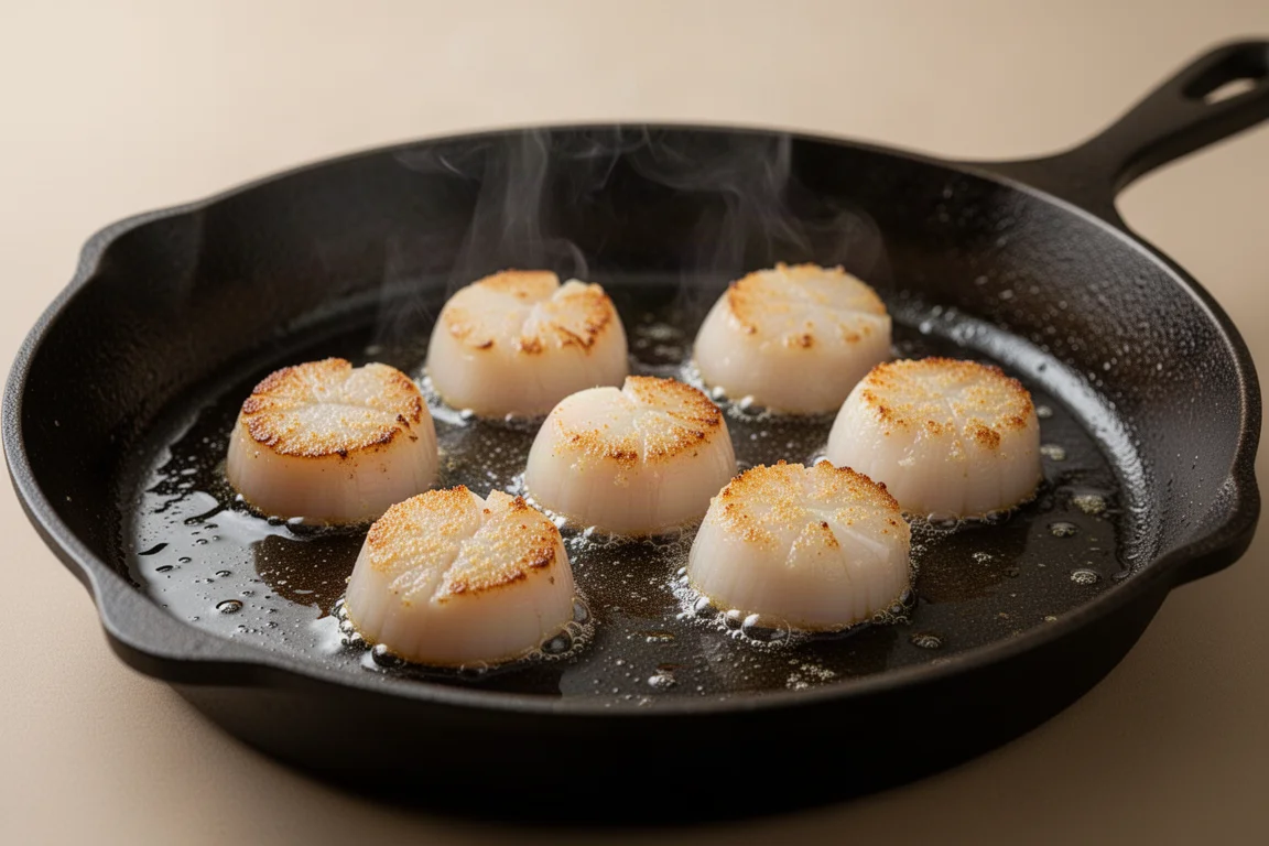 Raw scallops searing in a hot pan with golden crust forming