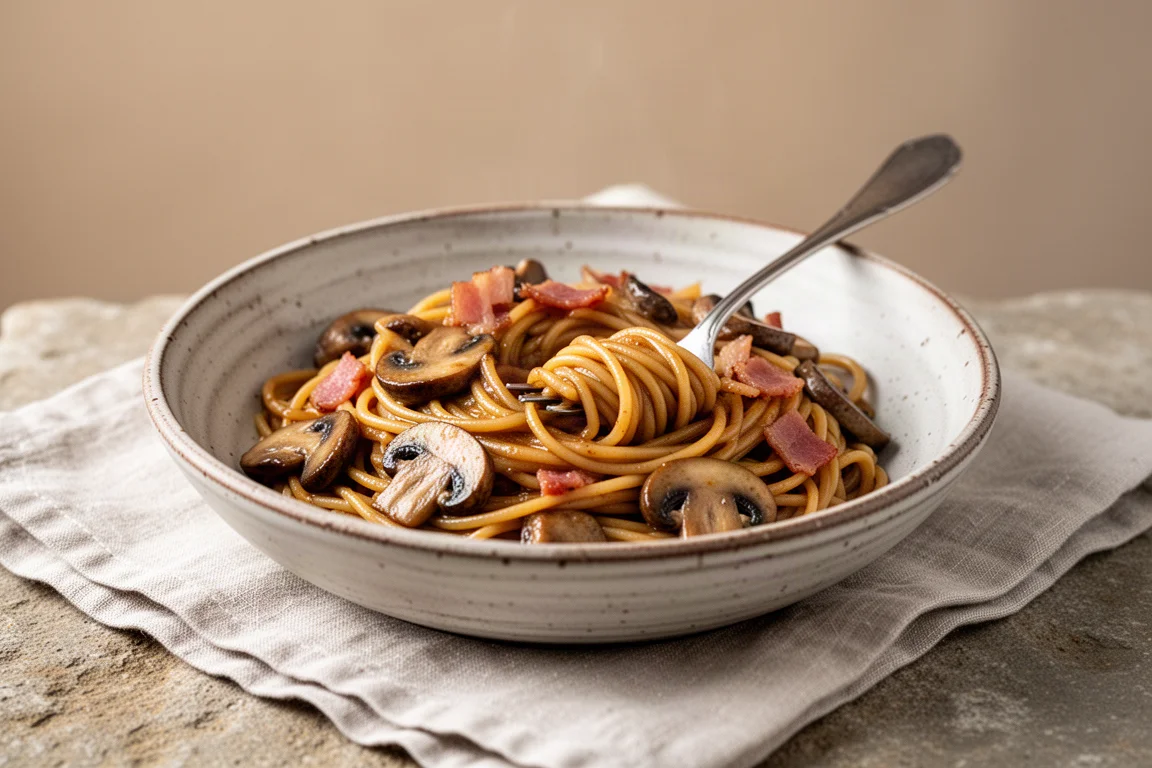 Creamy mushroom pasta with pancetta served in a rustic bowl