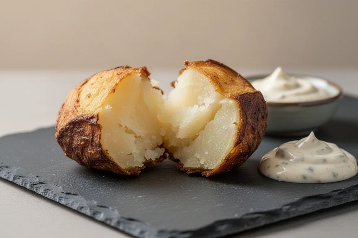 Chunky triple cooked chip broken open showing fluffy white interior