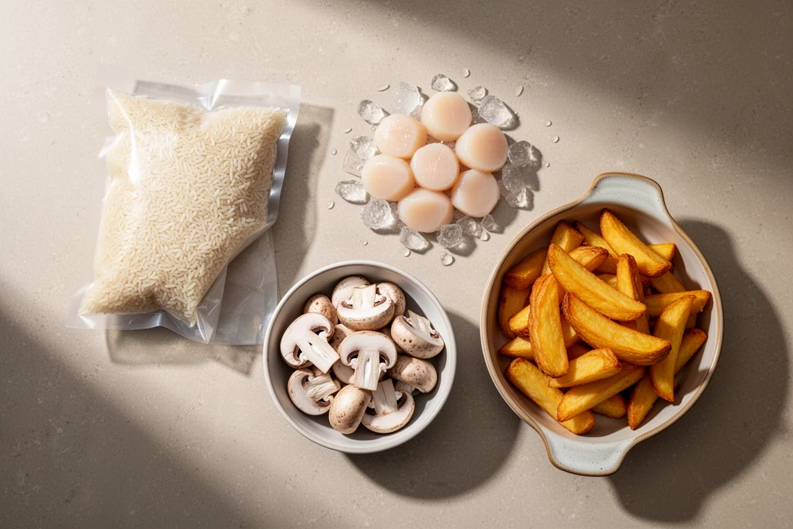 Rice pouch, scallops, mushrooms and chunky chips arranged on a stone kitchen surface