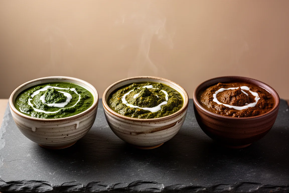 Drei Schüsseln mit Saag-Curry in verschiedenen Grün- und Brauntönen