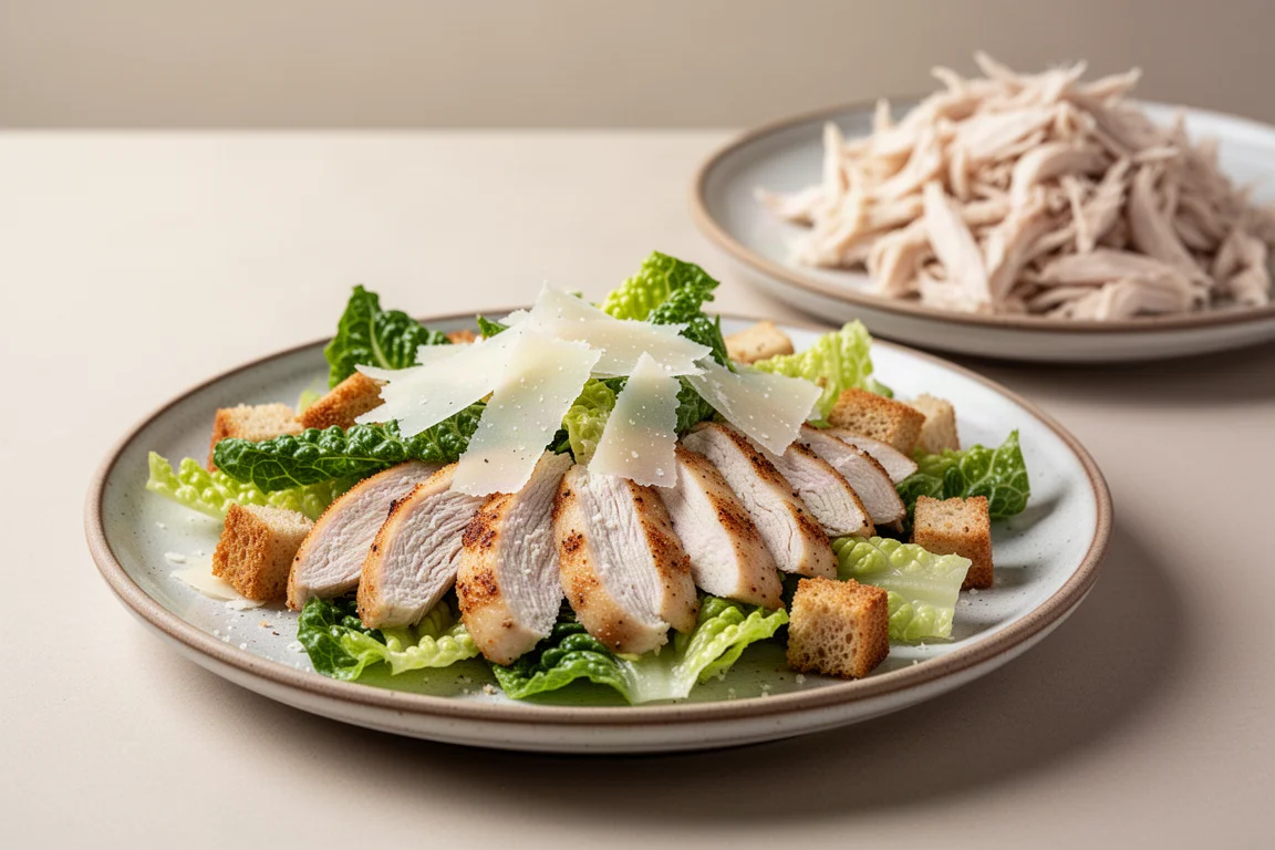 Geschnittenes gegrilltes Hähnchenbrustfilet auf einem Caesar-Salat mit Croûtons