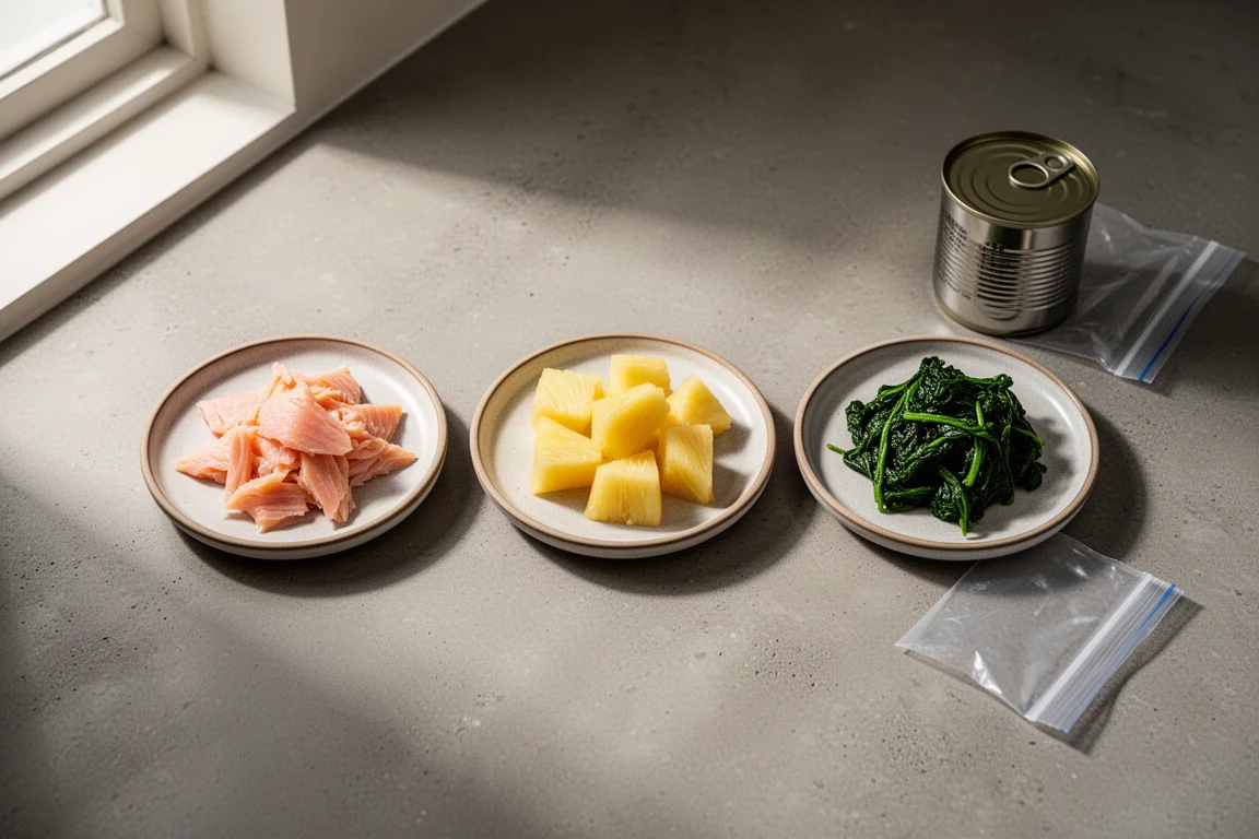 Drei Teller mit Lachs, Ananas und Spinat neben einer Dose und einem Gefrierbeutel