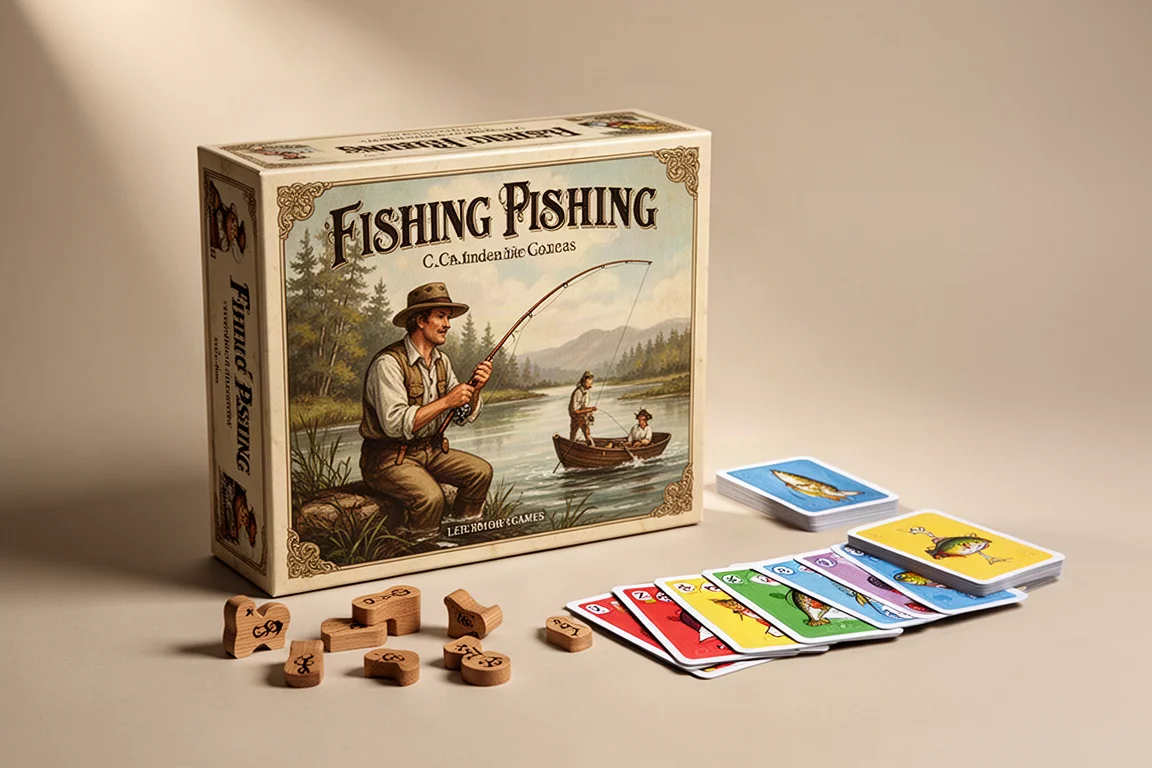 Sammlung von Brettspielschachteln und Spielkomponenten, angeordnet auf einem Holztisch