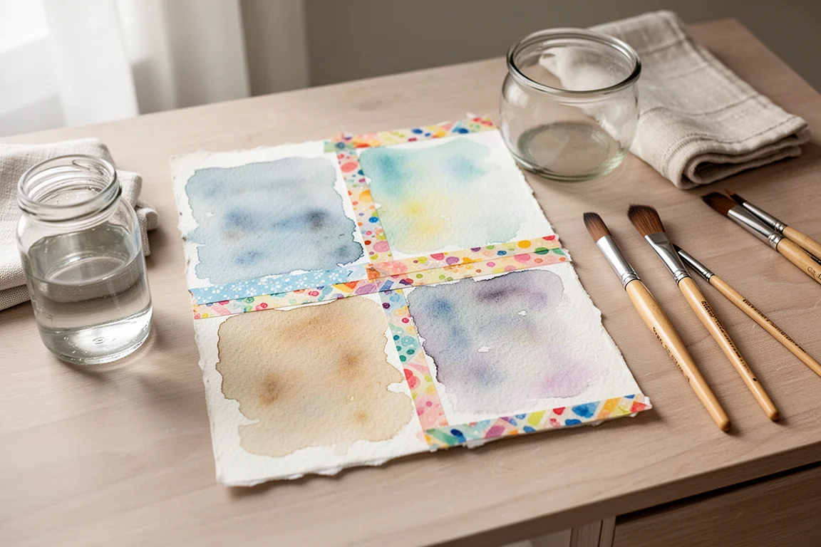Papel de aquarela dividido em dois quadrados com bordas de fita washi colorida