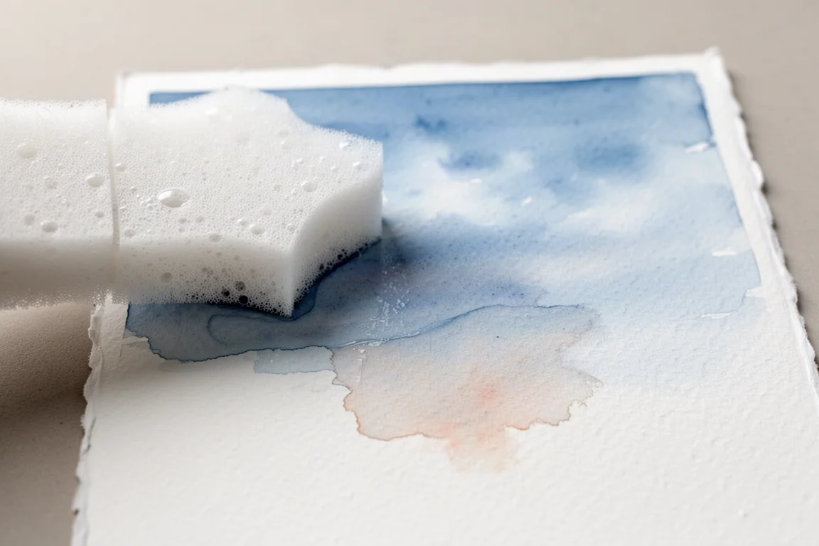 Esponja removendo tinta de um céu de aquarela úmido, deixando uma mancha leve