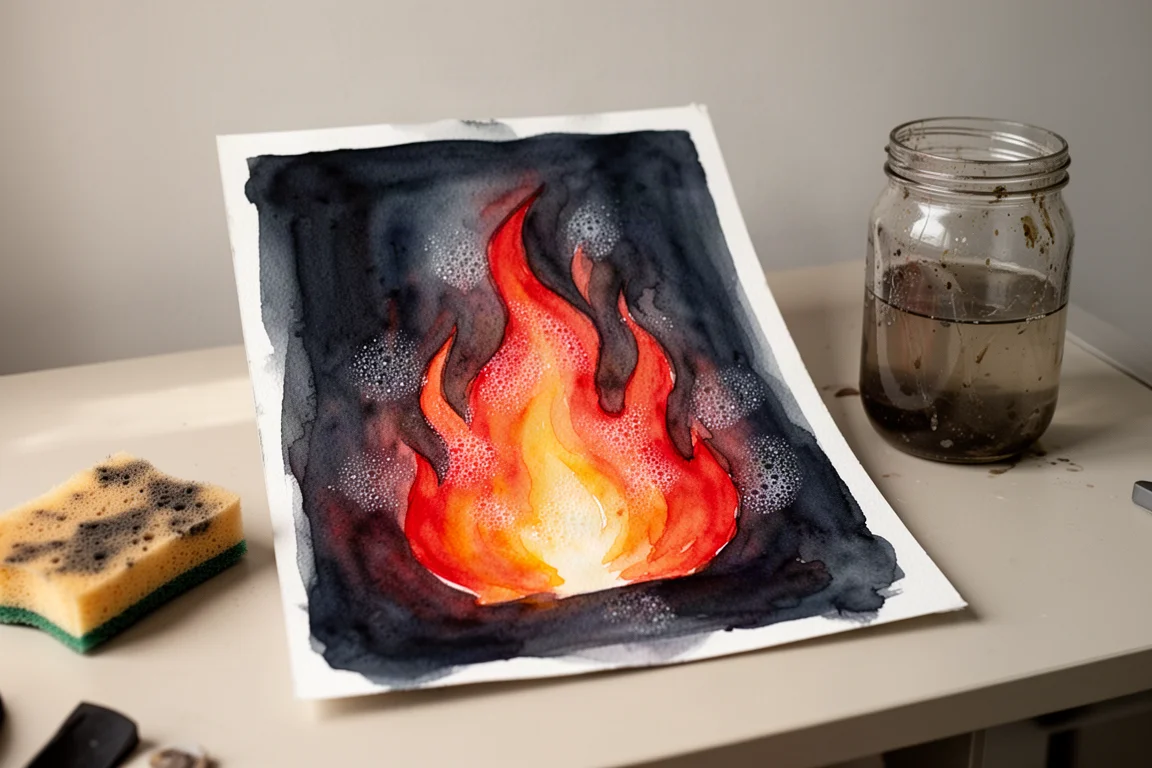Estudo de fogo em aquarela com laranja vibrante e vermelho, com chamas clareadas