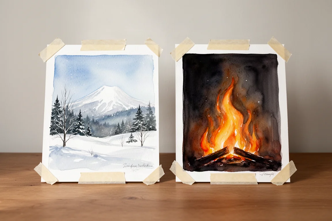 Dois estudos de aquarela finalizados, uma cena de neve e uma pintura de fogo, lado a lado