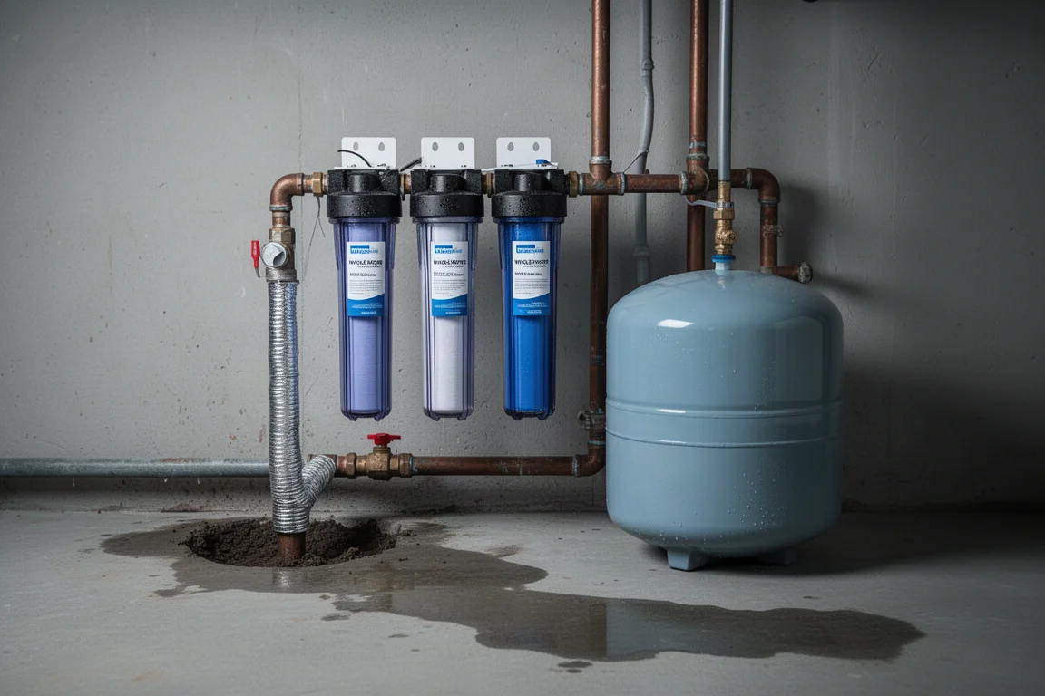 Waterleidingen en filtratieopstelling in een koude technische ruimte