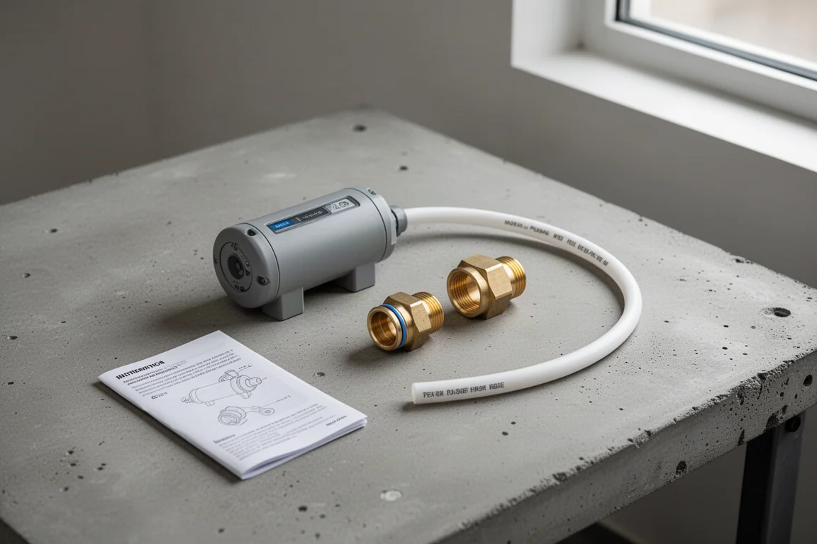 PEX push-fit messing adapters en montagemateriaal op een werkbank