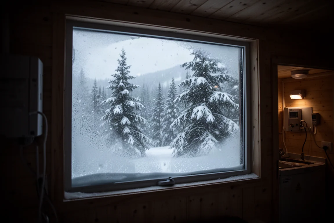 Sneeuwval buiten het raam van een afgelegen berghut