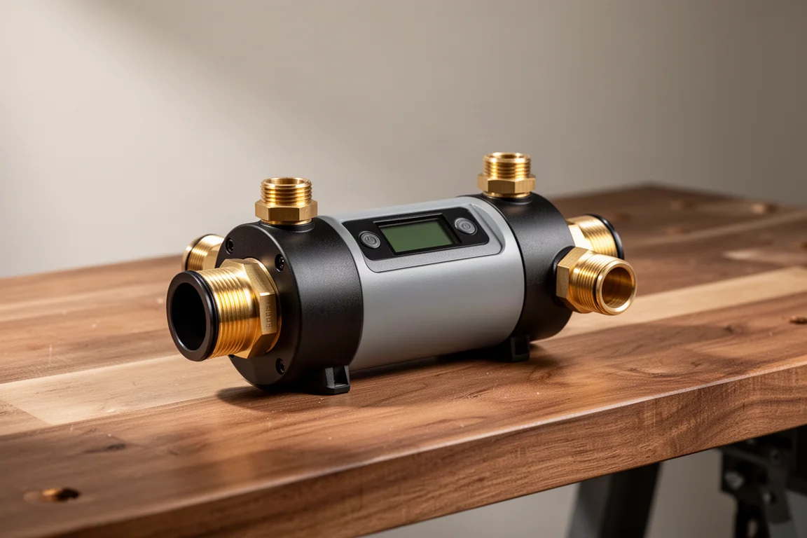Frizzlife LP365 smart water monitor with brass adapters on a workbench