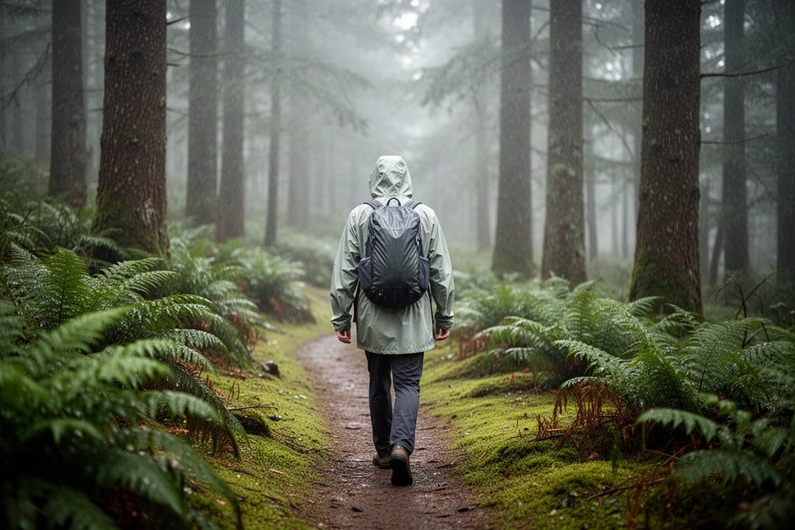 Wanderer in einer dünnen, hellen Regenhülle auf einem nassen Waldweg bei leichtem Nieselregen