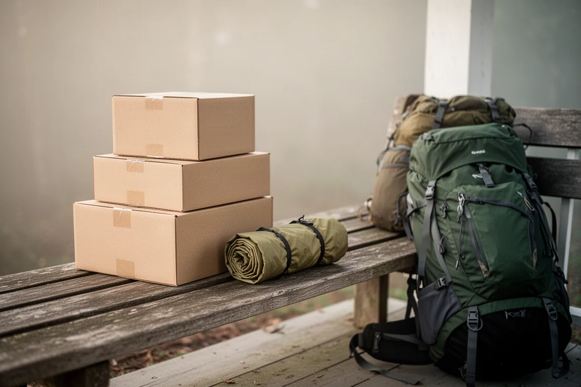 Nachschubboxen und gerollte Regenhülle auf einer hölzernen Verandabank mit Wanderrucksack
