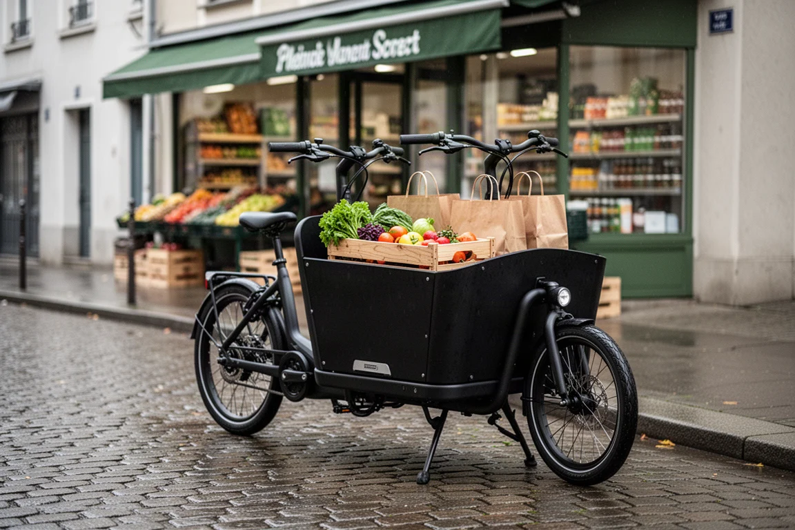 Front-loading cargo bike parked outside a shop with a crate of groceries in the front box