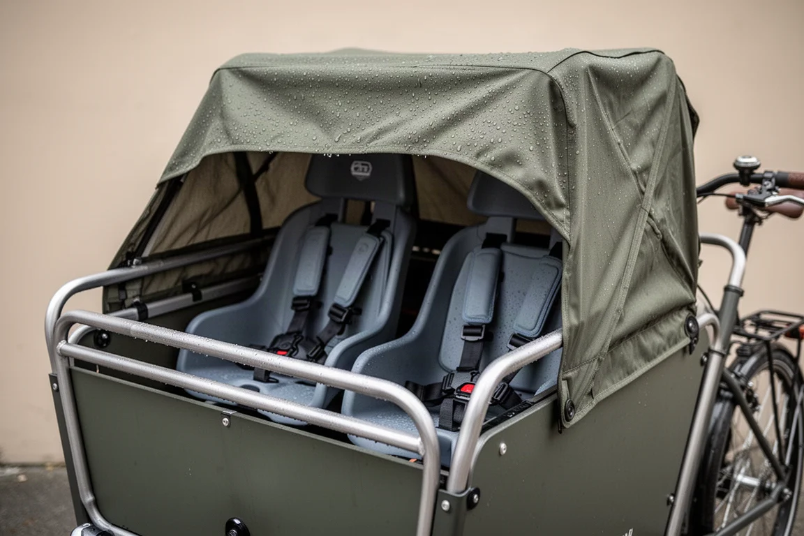 Close-up of a cargo bike front compartment with a canopy over two belted child seats