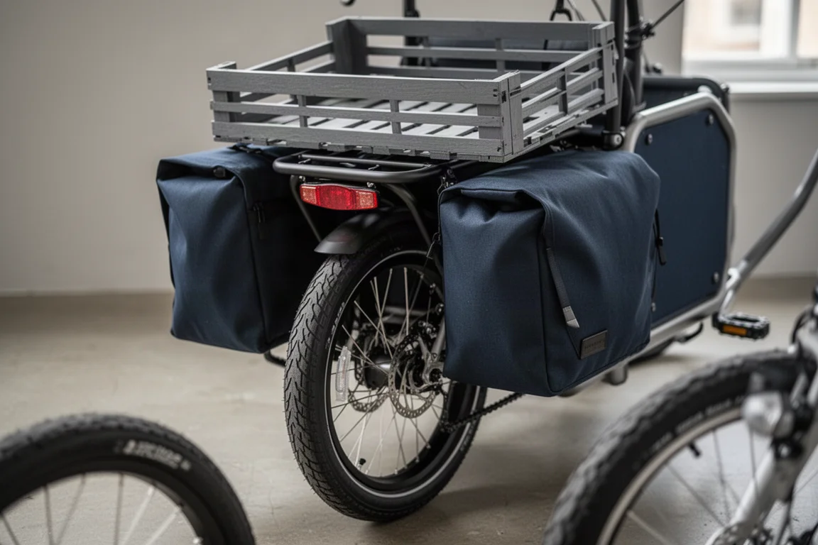 Rear cargo area of a compact cargo bike with panniers, a crate and a small wheel