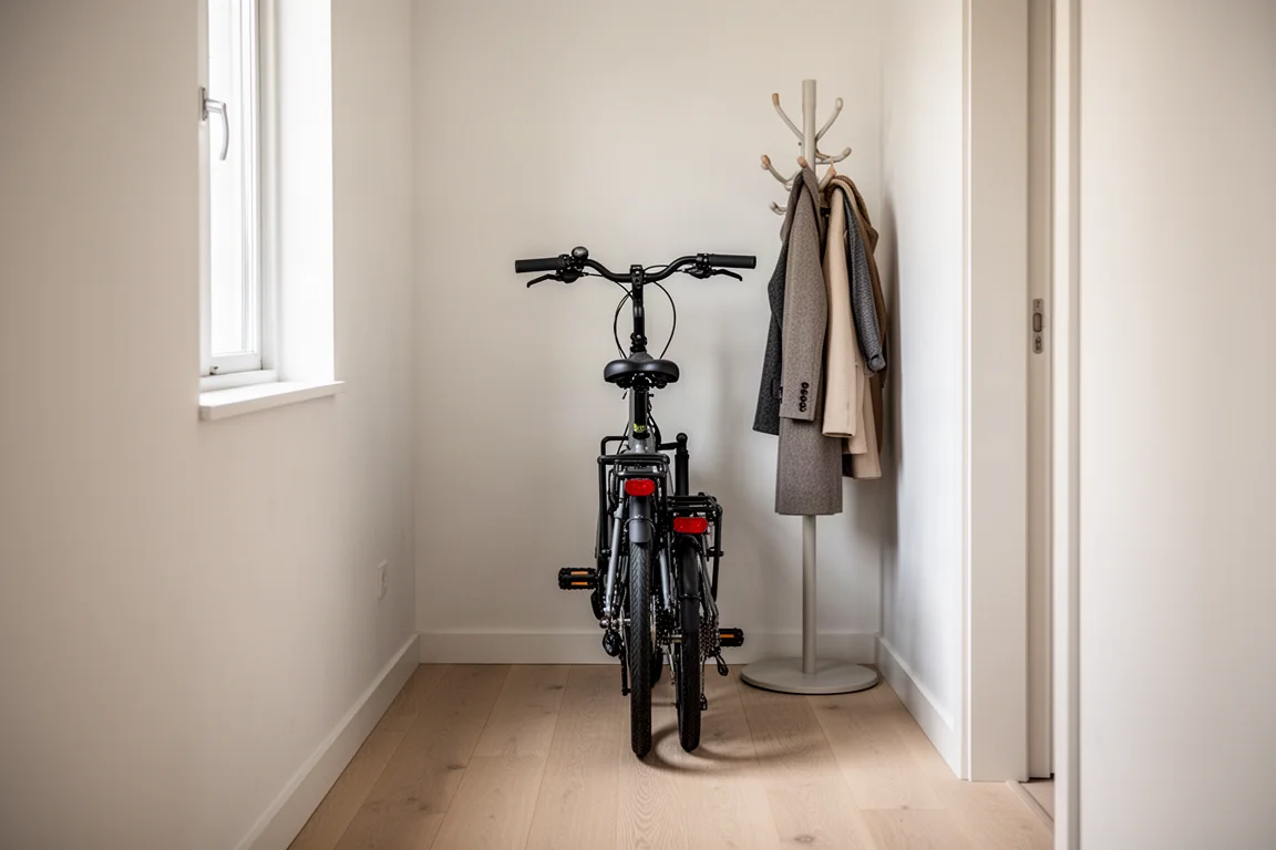Compact cargo bike stored upright on its end in a narrow apartment hallway