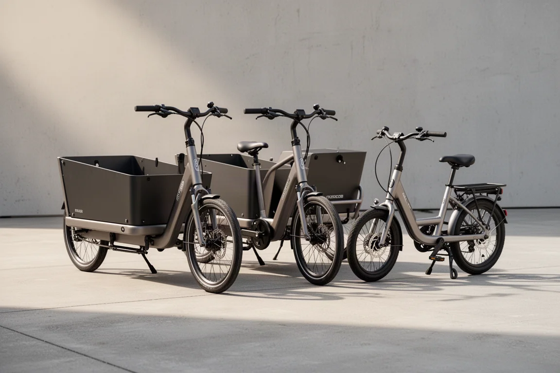 Three electric cargo bikes, two front loaders and one compact rear loader, on a concrete forecourt