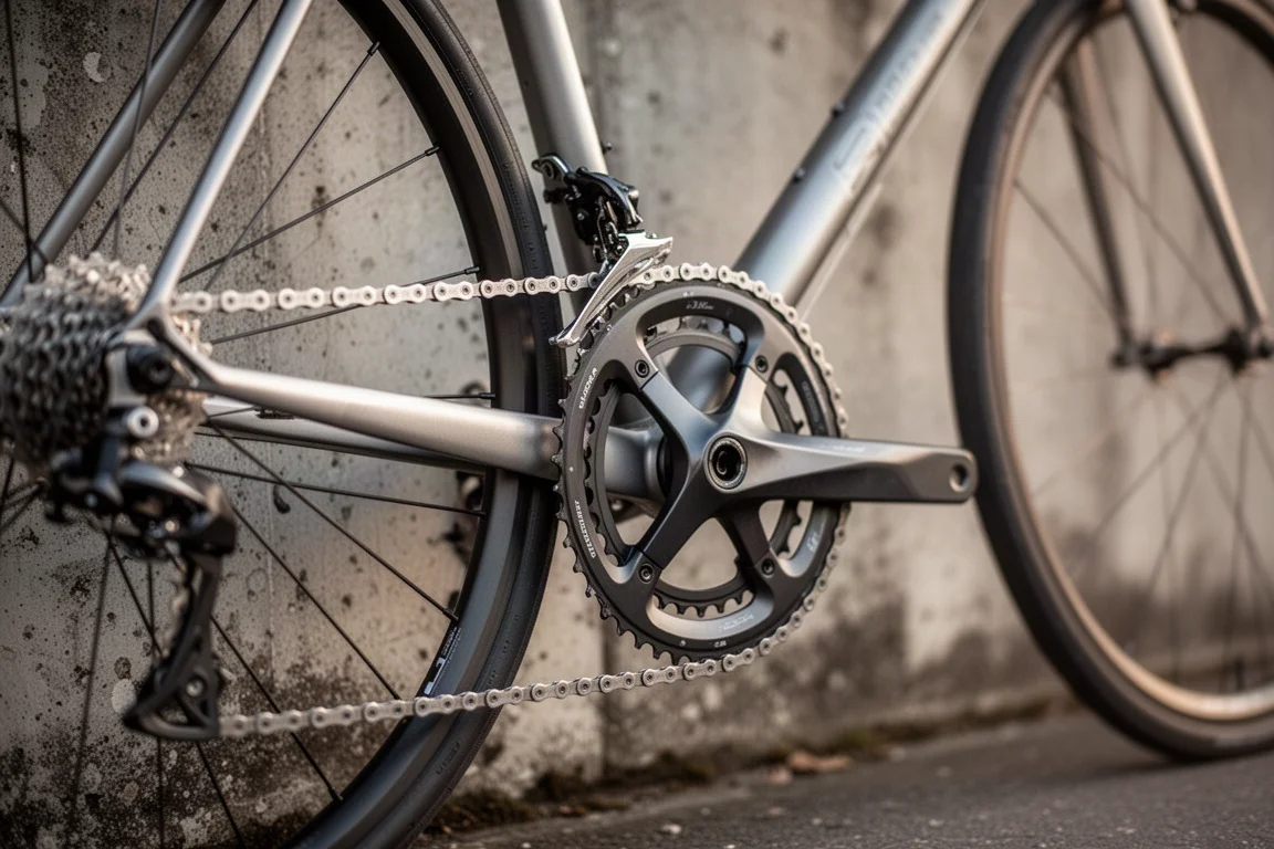 Primo piano della trasmissione di una bicicletta con la catena inserita sull'asfalto bagnato