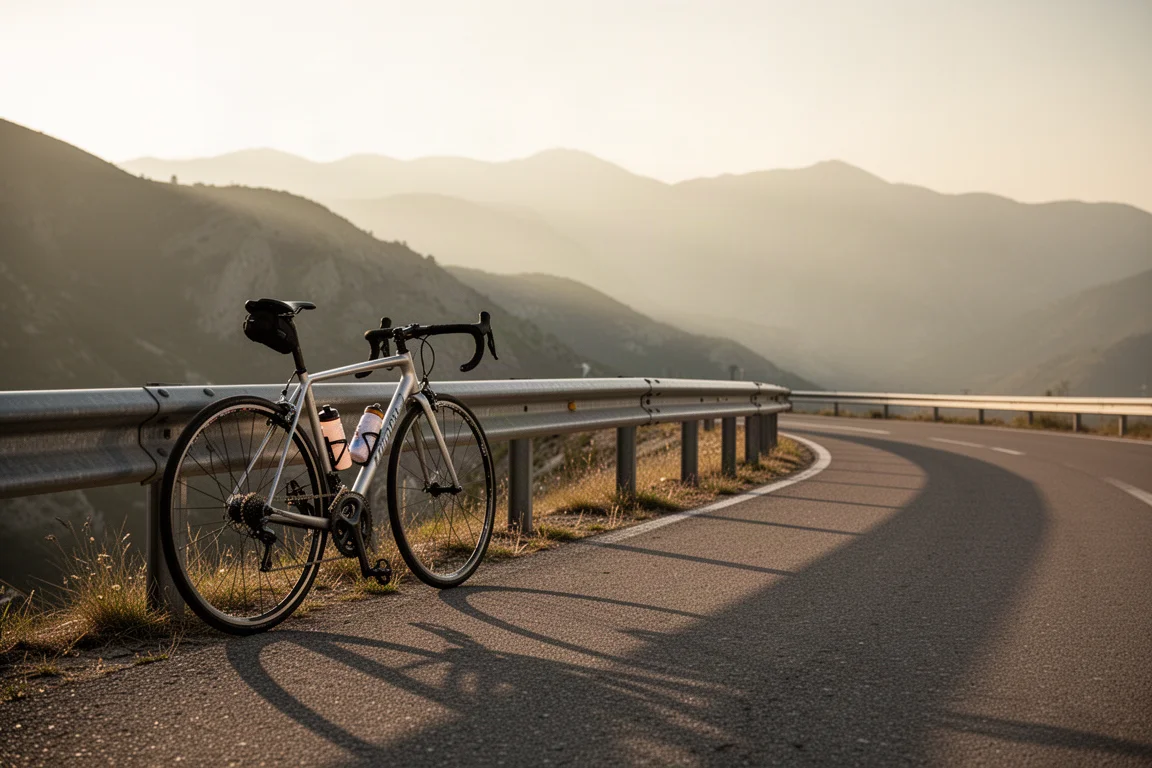 Ciclista in sella su una lunga strada aperta durante l'ora d'oro, ripreso di lato