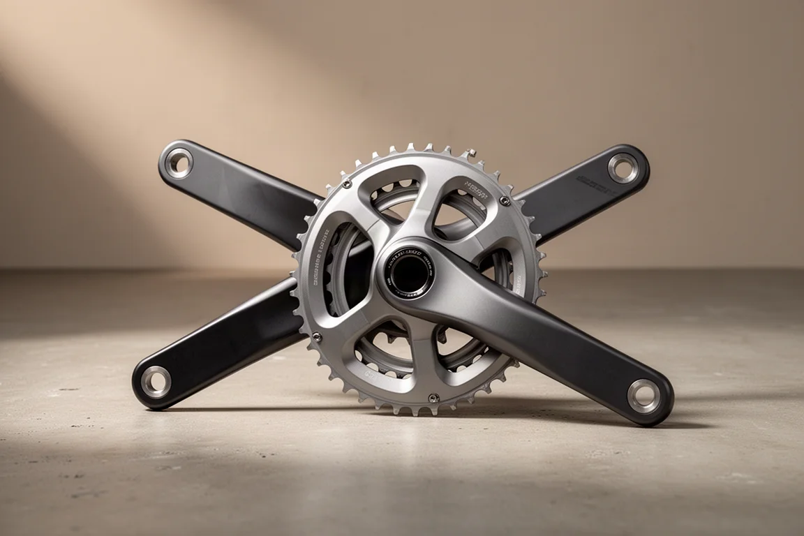 Short-arm road bike crankset with twin chainrings on a matte concrete surface
