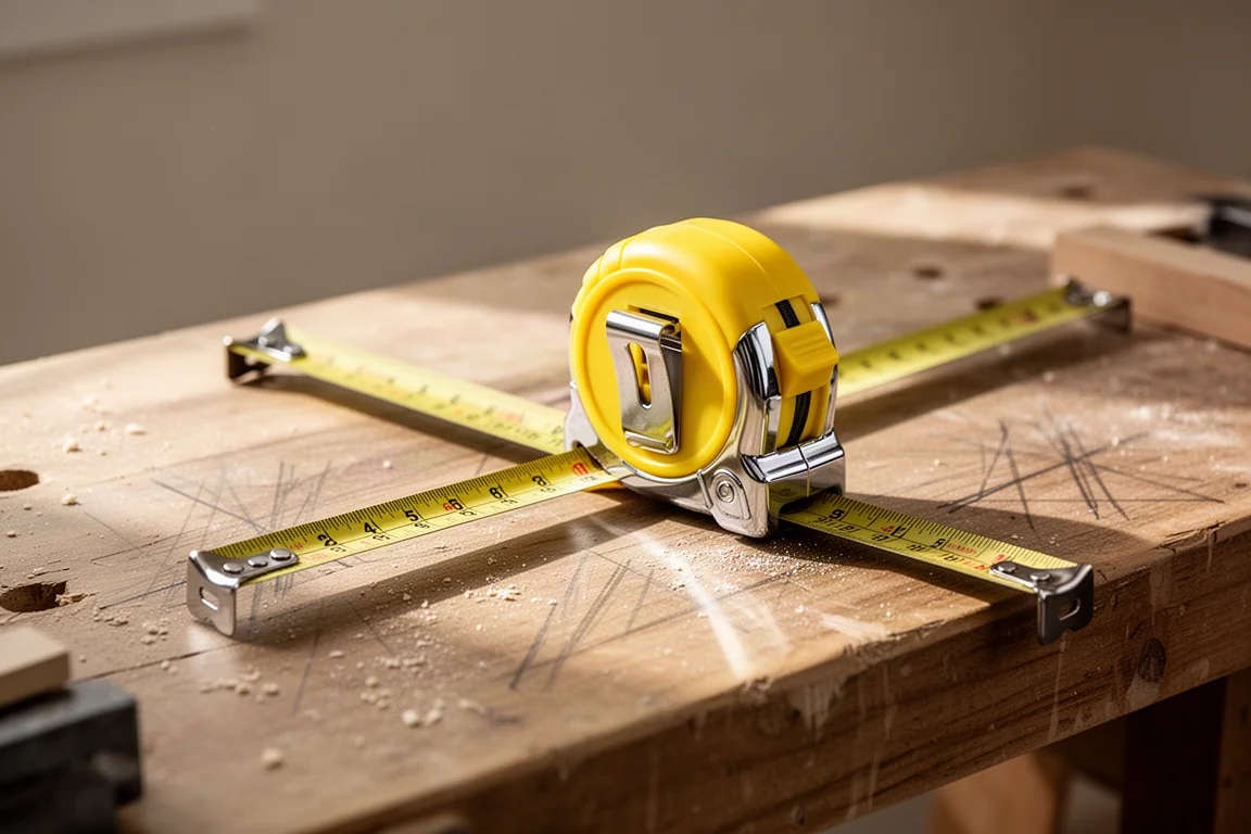 Yellow tape measure extended across a workbench with wood shavings nearby