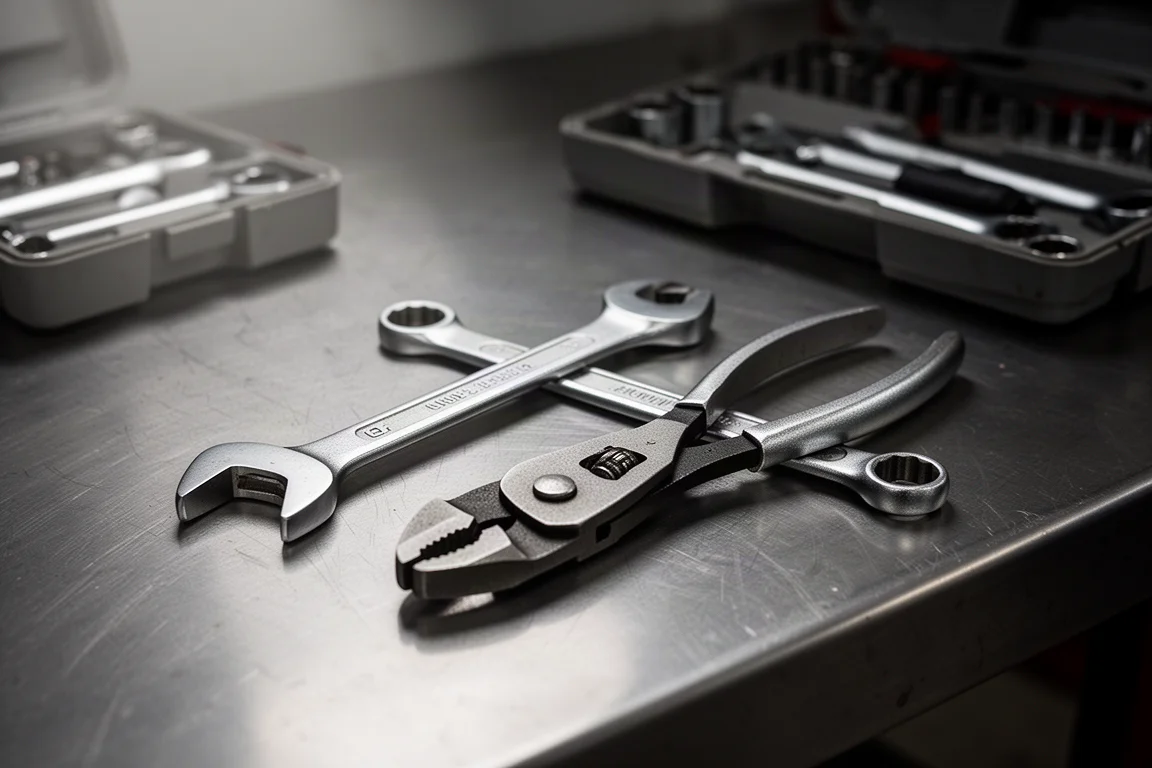 Adjustable wrench and slip-joint pliers resting on a garage workbench