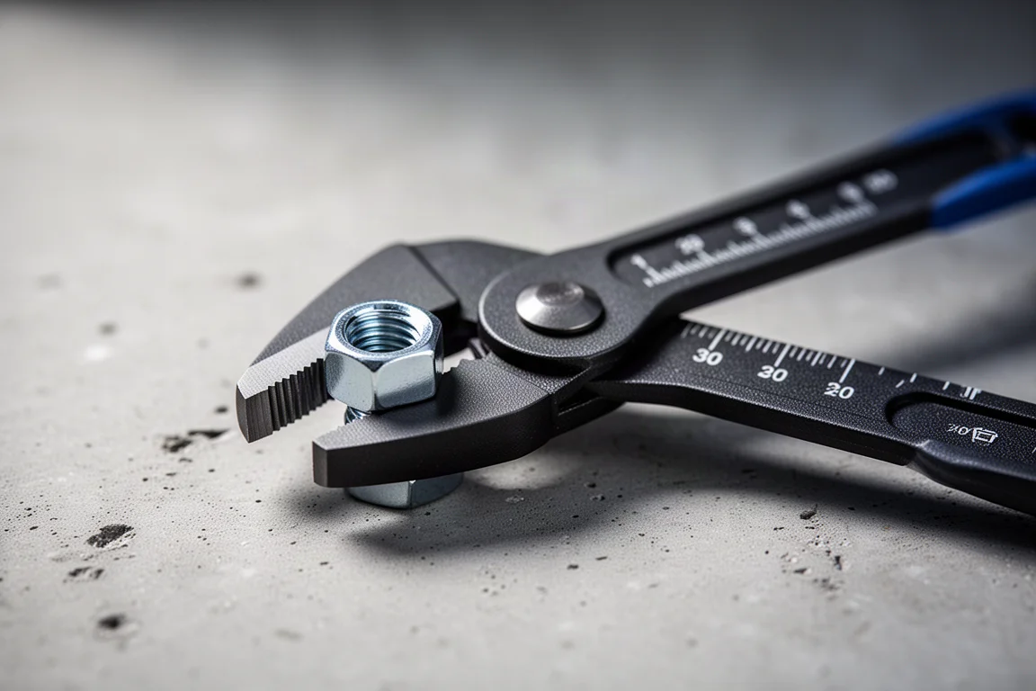Plier wrench gripping a hex nut on a workbench in soft light