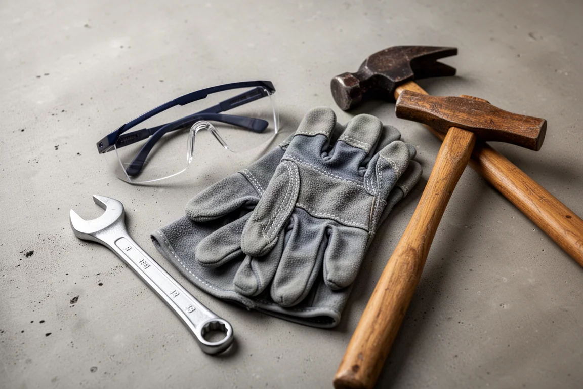Safety glasses and work gloves placed beside tools on a workbench