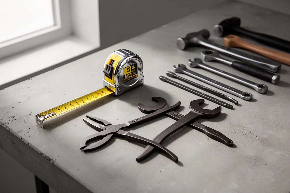 Tape measure, pliers, and hand tools arranged on a concrete workbench