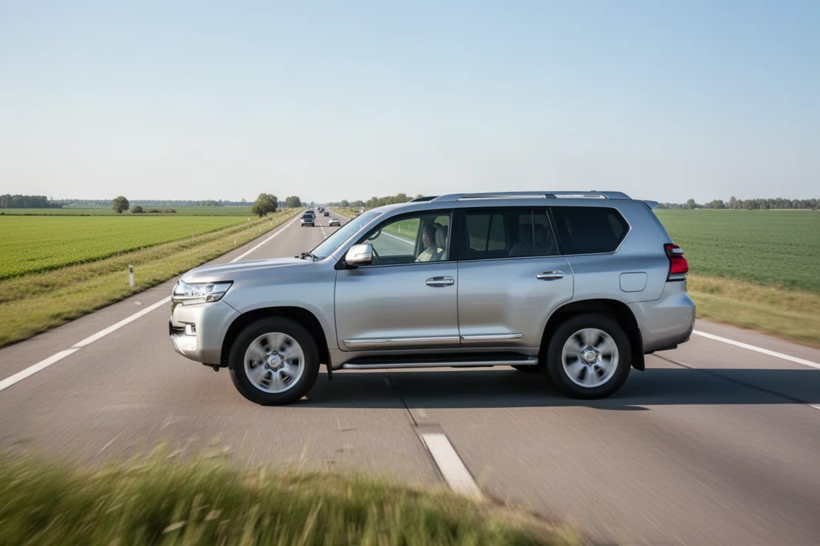 Großer silberner SUV auf einer Autobahn mit grünen Feldern und blauem Himmel