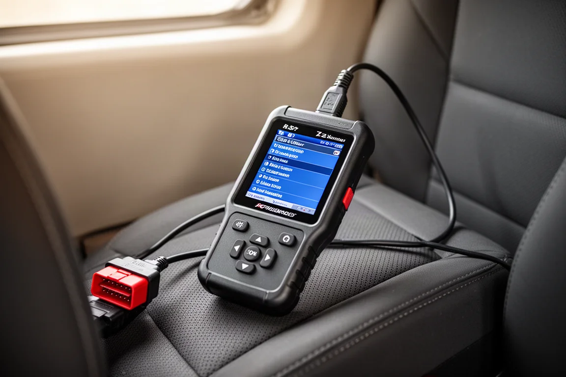 Handheld-Leistungstuner mit Farbbildschirm, verbunden mit dem OBD2-Port eines Fahrzeugs