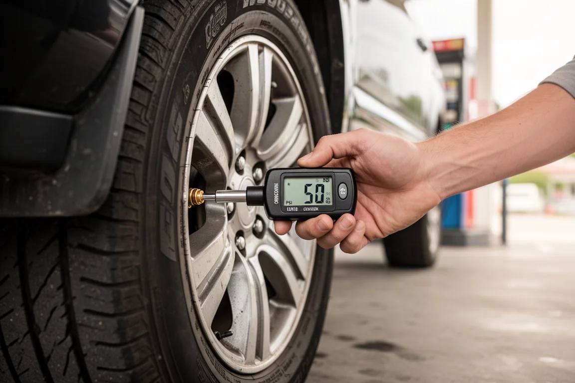 Hand benutzt ein digitales Reifendruckmessgerät an einem SUV-Reifen an einer Tankstelle