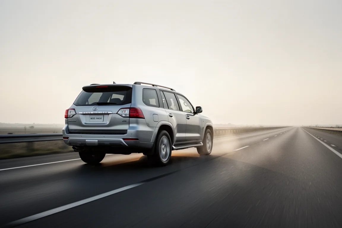 Large SUV cruising on a flat highway at a steady speed with cruise control engaged