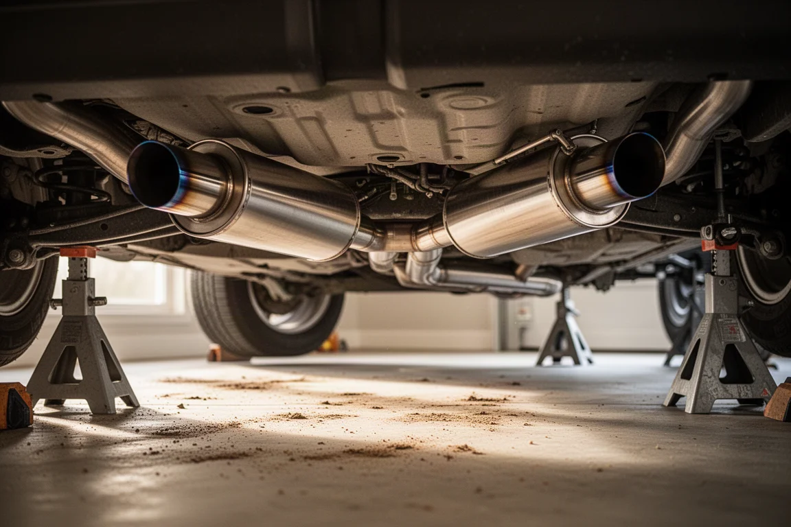 Mechanic installing a stainless steel exhaust system under a vehicle on jack stands