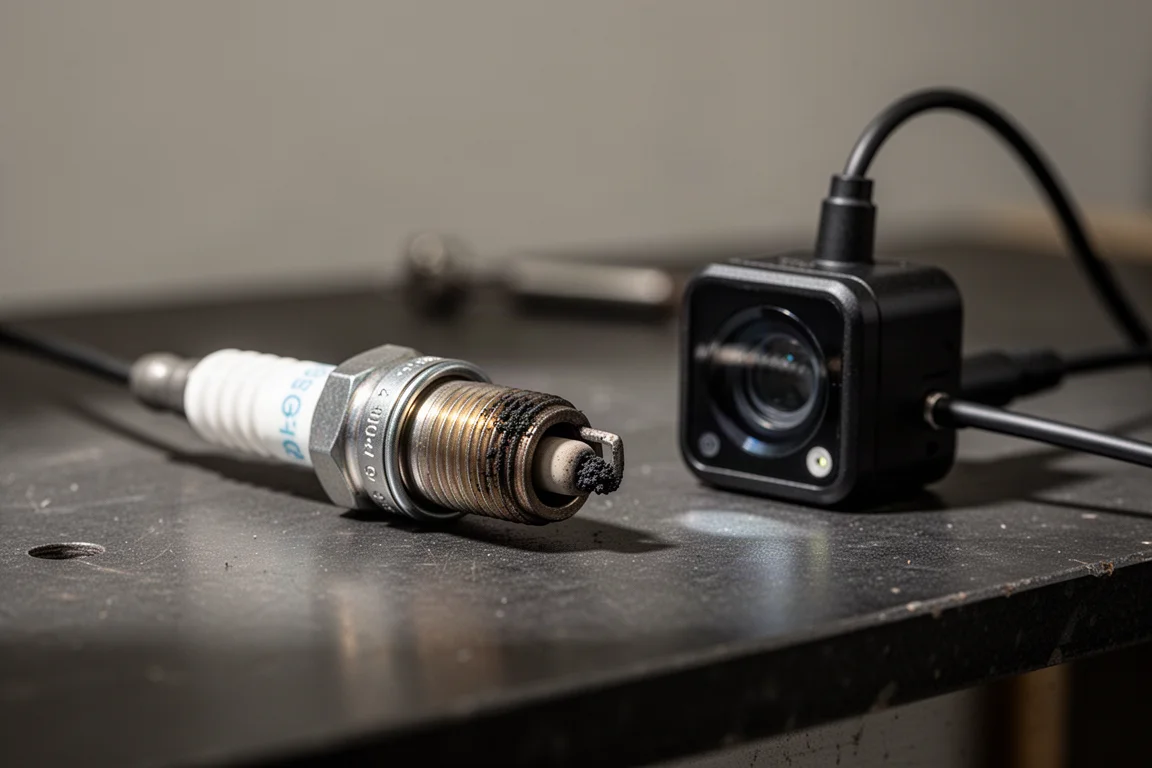 Close-up of a spark plug being inspected on a workbench