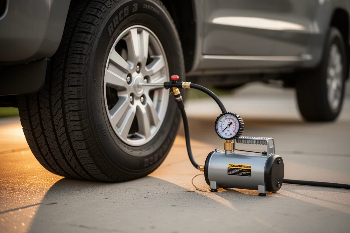 Tire being inflated with an air compressor in a driveway at golden hour