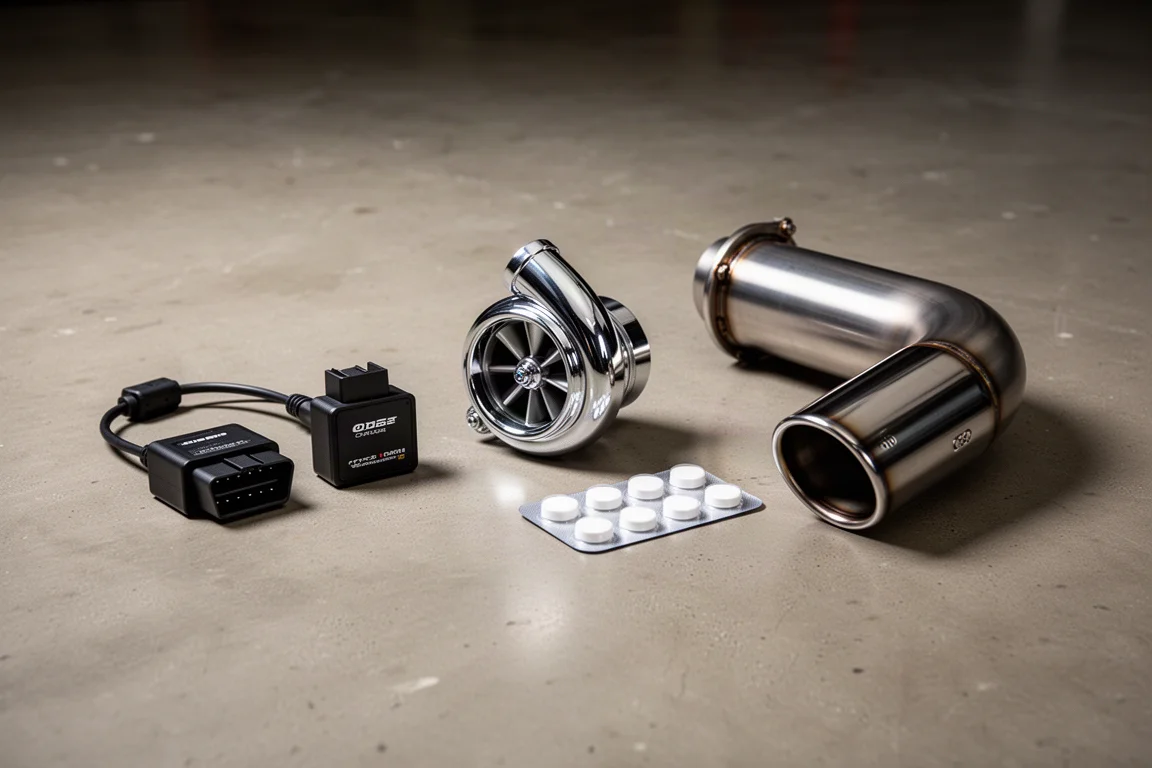 Assorted fuel-saving car gadgets including OBD2 modules, fuel tablets, and exhaust parts on concrete