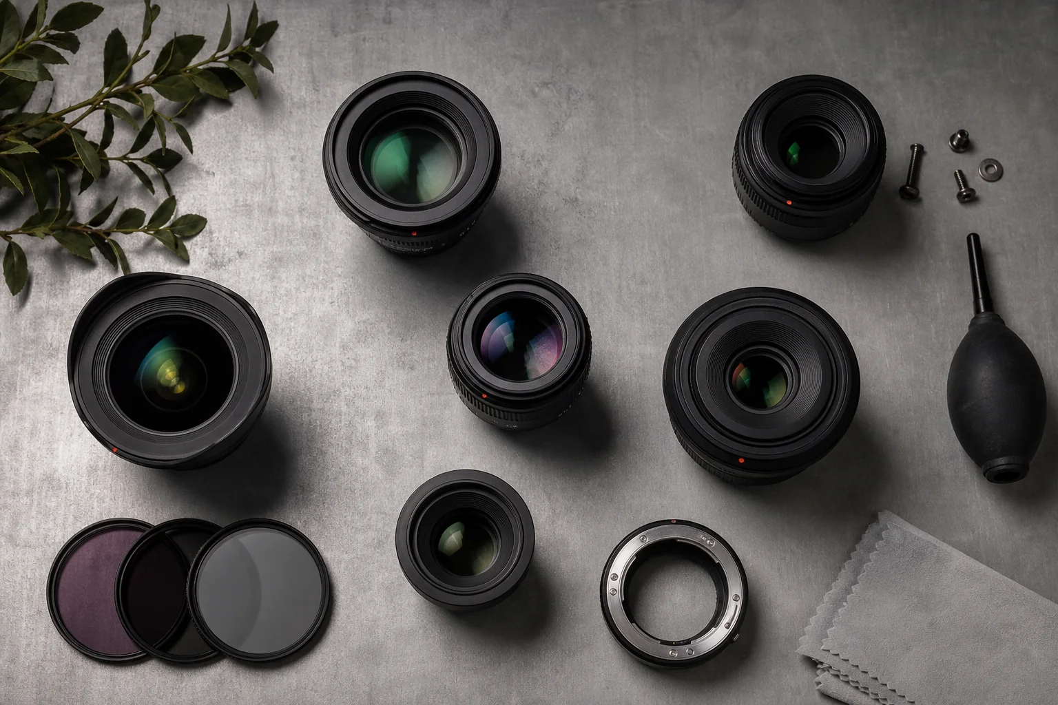 Array of camera lenses and accessories arranged on a neutral surface
