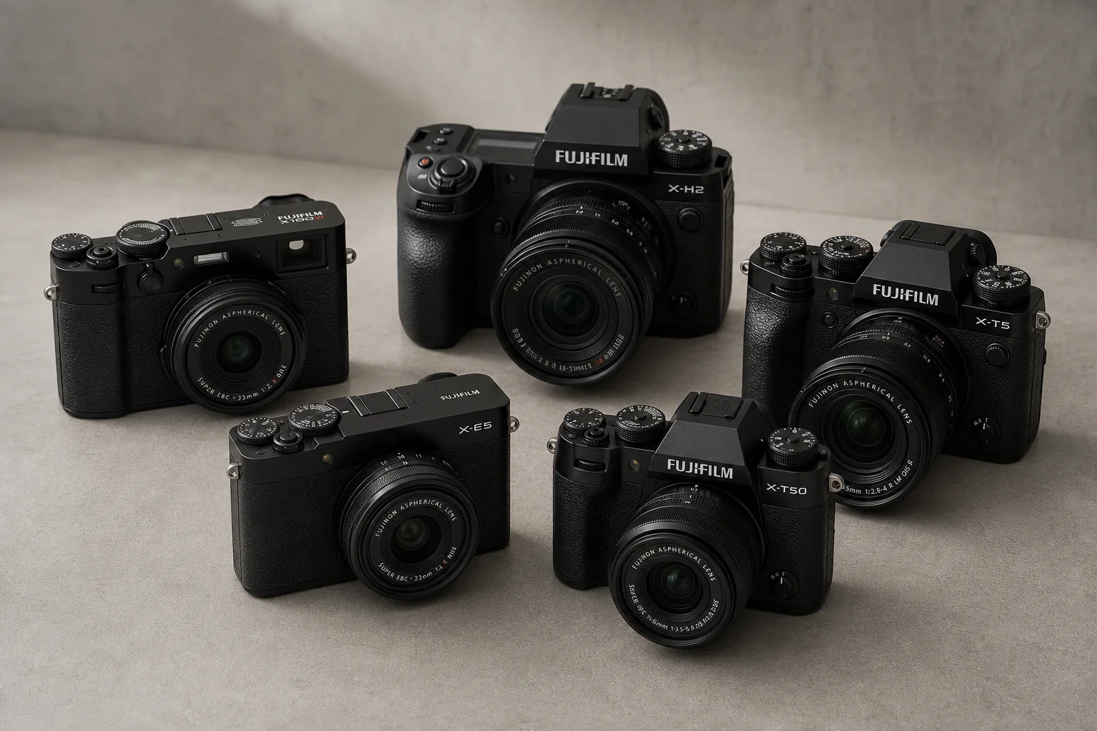 Fünf spiegellose Fujifilm-Kameras auf einer Betonoberfläche, die verschiedene Bauformen zeigen