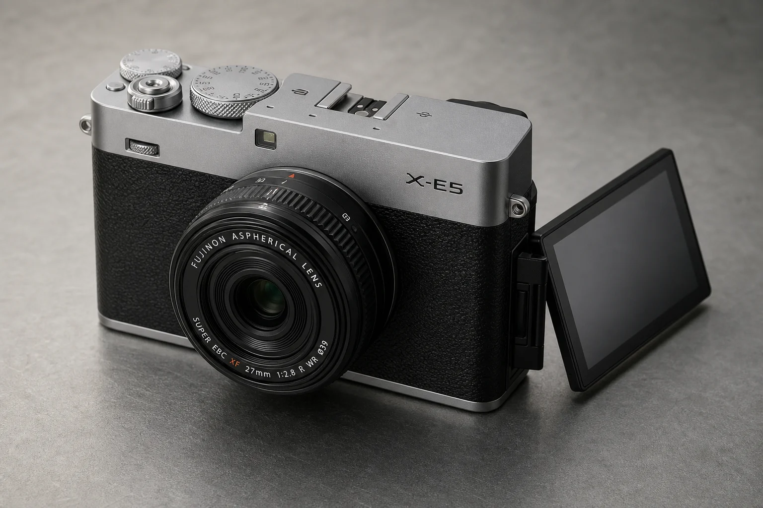 Five Fujifilm mirrorless cameras displayed on concrete surface showing different form factors