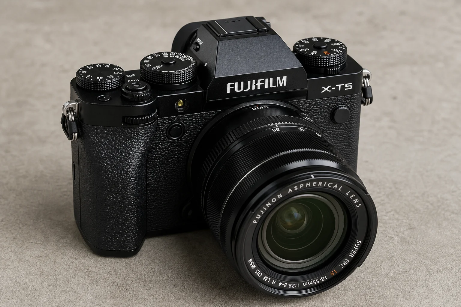 Five Fujifilm mirrorless cameras displayed on concrete surface showing different form factors