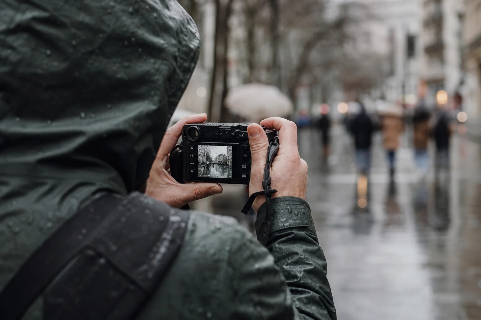 Photographer holding compact camera in rain while shooting street scenes