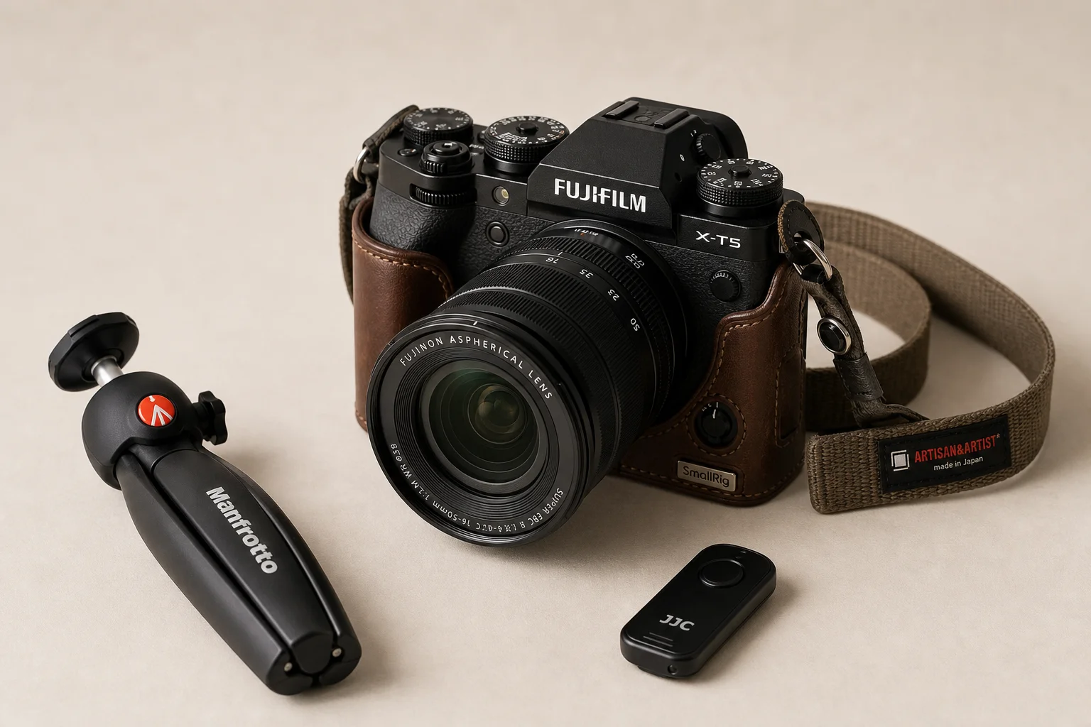 Fujifilm X-T5 相機與旅遊配件於中性背景的擺拍