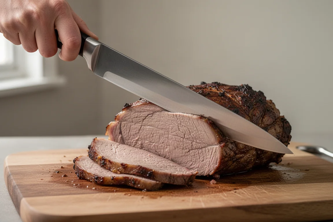 Langes Tranchiermesser vollendet einen einzigen, gleichmäßigen Ziehschnitt durch den Braten