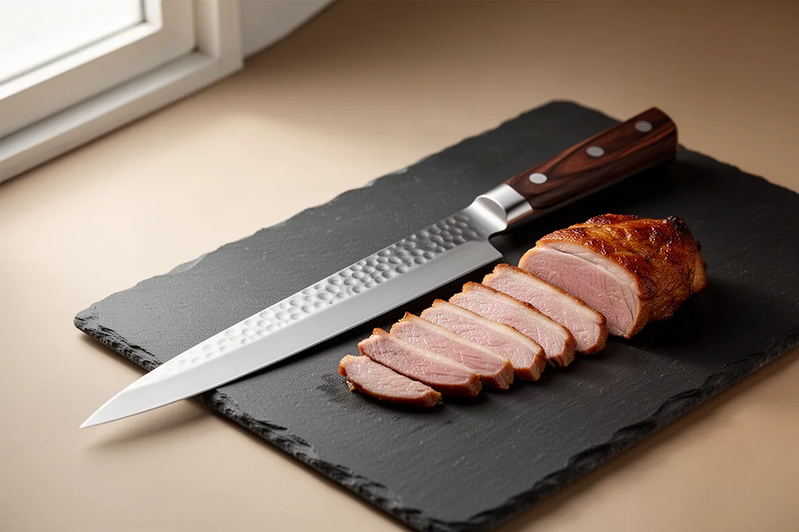 Long Japanese slicing knife beside thin slices of roasted duck on a slate board