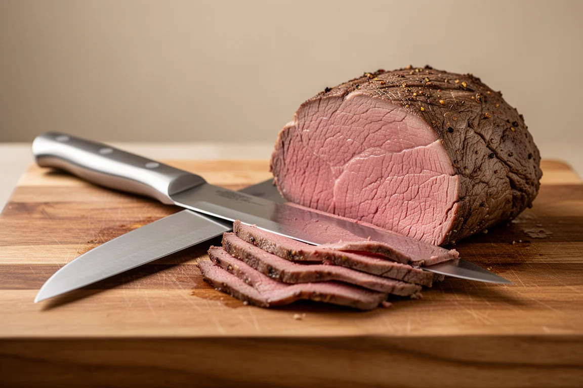 Langes Schneidmesser liegt auf einem Holzbrett neben einem aufgeschnittenen Braten